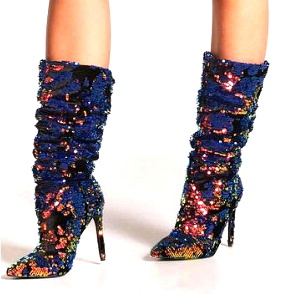 Forever 21 rainbow sequined knee high boots